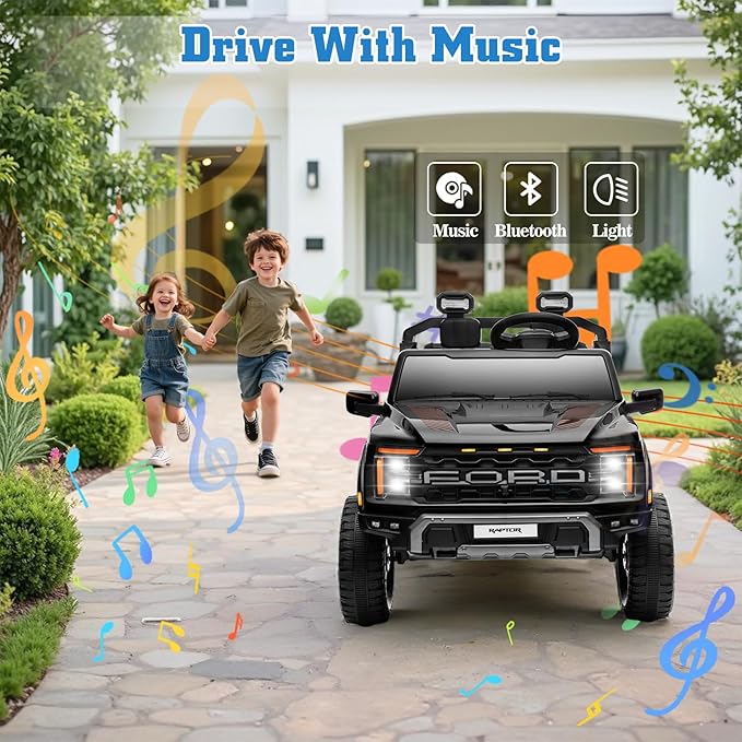 24V Ride on Car Licensed Ford F-150 Raptor, Kids Electric Car with Remote Control, LED Light/Music/MP3, Truck Bed Storage, 3-Point Seat Belt (24V, Black)-CubbioJoy