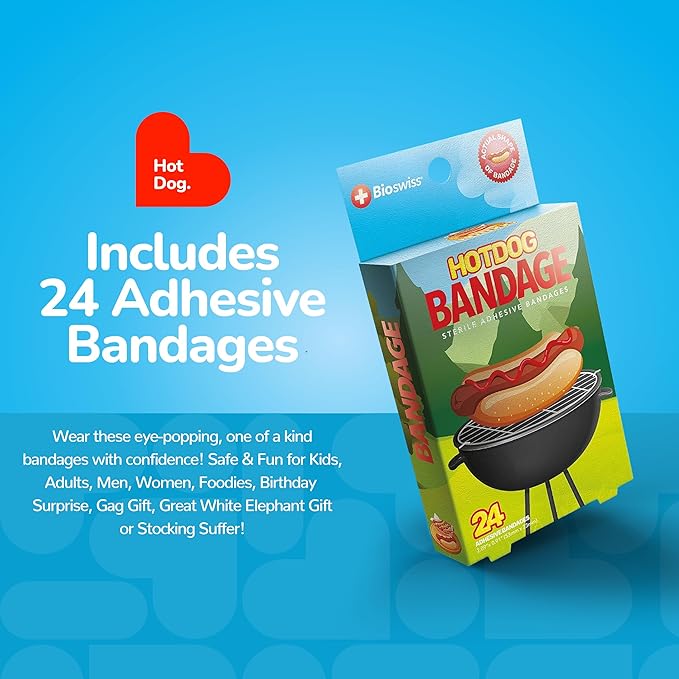 BioSwiss Bandages, Hot Dog Shaped Self Adhesive Bandage, Latex Free Sterile Wound Care, Fun First Aid Kit Supplies for Kids, 24 Count-CubbioJoy
