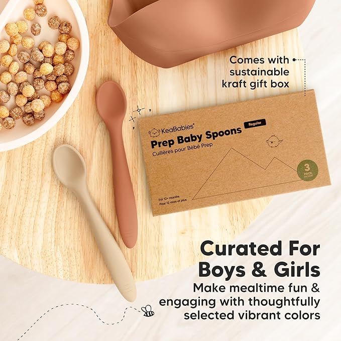 KeaBabies Silicone Baby Spoons, Self Feeding 6-12 months - 3-Pack Baby Weaning Eating Utensils,Toddler First Food Training Spoon,Infant,Kids Feeding Supplies Essential Set,Dishwasher-safe (Terracotta)-CubbioJoy