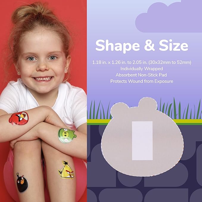 BioSwiss Bandages, Angry Birds Game Shaped Self Adhesive Bandage, Latex Free Sterile Wound Care, Standard Shape for Kids and Adults, 50 Count-CubbioJoy