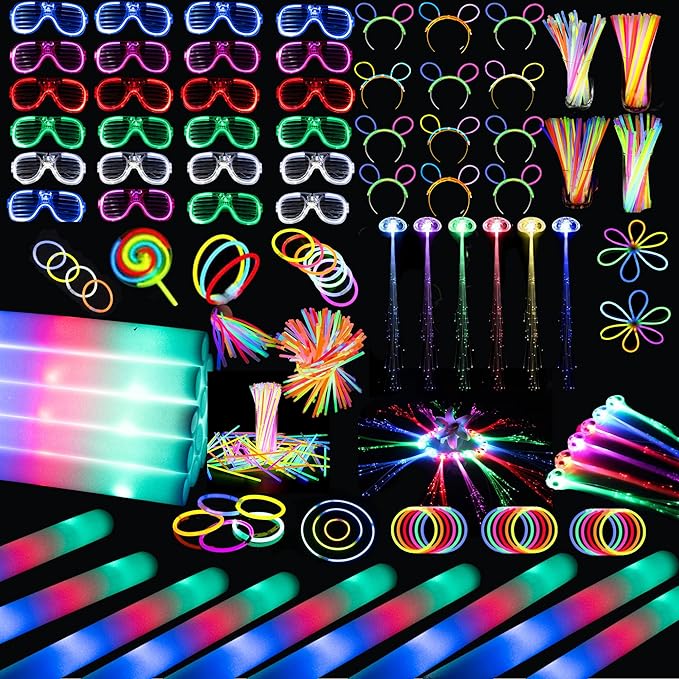 272 PCs Glow Party Supplies, 24 Foam Glow Sticks, 24 LED Glasses and 200 Glow Sticks ＆ Bracelets, 12 Glow sticks headband 12 Fiber Optic Hair Light，Glow Neon Party Favors for Wedding, Concert, Raves-CubbioJoy
