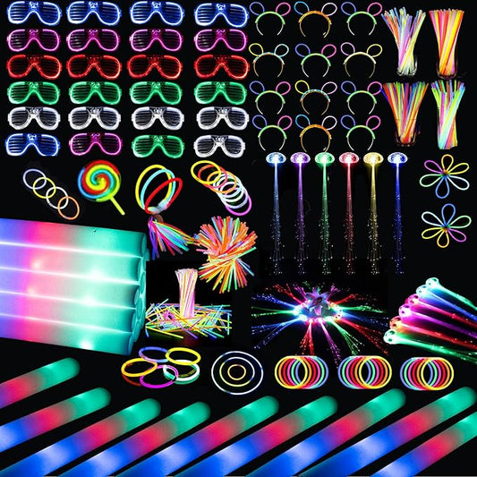 272 PCs Glow Party Supplies, 24 Foam Glow Sticks, 24 LED Glasses and 200 Glow Sticks ＆ Bracelets, 12 Glow sticks headband 12 Fiber Optic Hair Light，Glow Neon Party Favors for Wedding, Concert, Raves-CubbioJoy