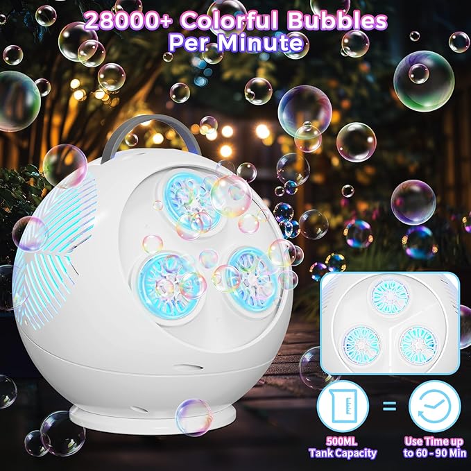 Bubble Machine Automatic Bubble Blower for Kids Toddlers Rechargeable Portable Spherical LED Bubble Maker Electric Auto Rotating 45°/360° Outdoor Toy Birthday Party Wedding (Spherical White)-CubbioJoy