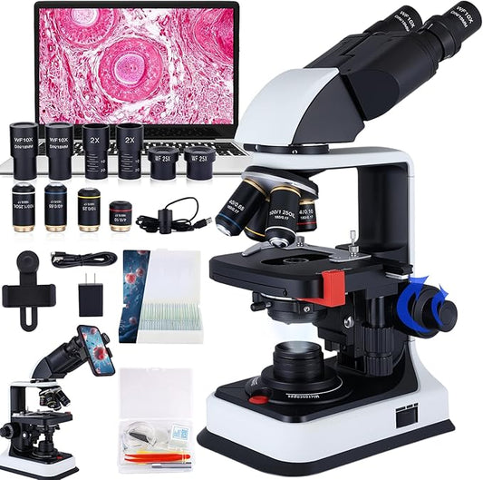 40X-2500X Binocular Microscope, WF10x and WF25x Eyepieces, LED Illumination, with Specimen Handpiece Holder, for Beginners, Microscope for Adults-CubbioJoy