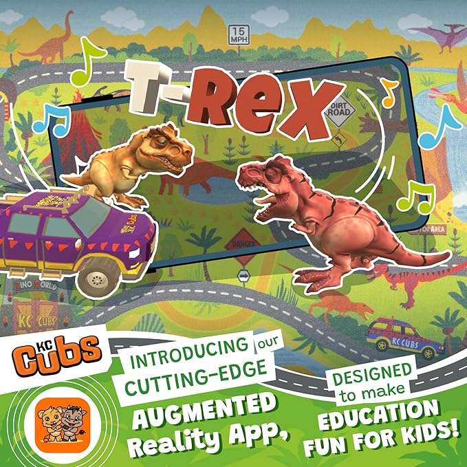KC Cubs 8x10 Dinosaur Toy Car Dino Road Rug – Educational Play Mat Carpet for Kids, Toddlers, Nursery, Classroom, Playroom, Baby Daycare, Boys & Girls-CubbioJoy