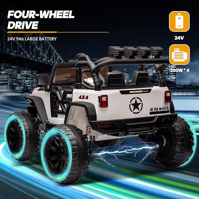 24V 9Ah Ride on Toy for Big Kids, 4WD 2 Seater Ride on Car Truck with Remote Control, 4x200W Motor - White-CubbioJoy