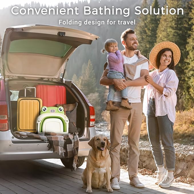 Baby Bathtub, Collapsible Newborn Bathtub for Infant to Toddler 0-24 Months with Soft Cushion and Thermometer,Portable Travel Newborn Tub with No-Slip Feet, Baby Shower Gifts,Green-CubbioJoy