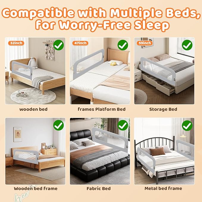Bed Guard Rail for Toddlers - 47inch Foldable & Adjustable Height Baby Bed Safety Side Rails - Large Toddler Crib Railing Guard for Twin, Bunk, Full Size, Queen & King, Full Size Bed Grey-CubbioJoy