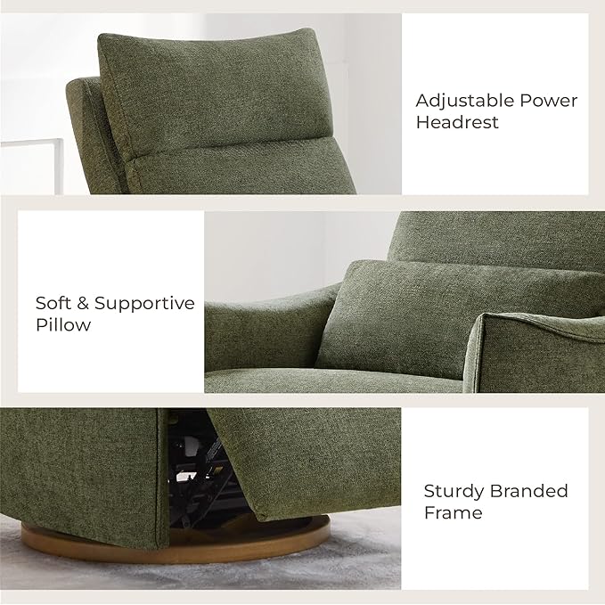 CHITA Swivel Rocker Recliner Chair, Power Nursery Glider Recliner, Nursery Rocking Chair with Adjustable Power Headrest, FSC Certified, Solid Wood Base, Moss Green-CubbioJoy