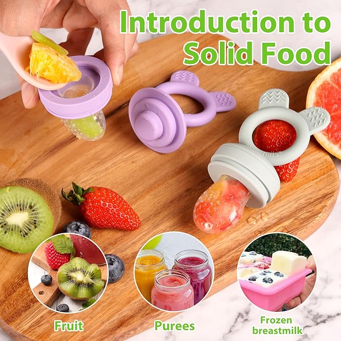 Bessentials Baby Fresh Fruit Food Feeder - 2 Pack Silicone Baby Mesh Feeders for Infant Safe Self Feeding |3 Sizes Food Pouches Included| Suitable for Baby 4m+（ Purple+Misty Green）-CubbioJoy