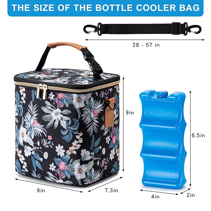Breastmilk Cooler Bag with Ice Pack Fits 6 Baby Bottles Up to 9 Ounce, Baby Bottle Bag with Shoulder Strap for Nursing Mom Daycare, Floral-CubbioJoy