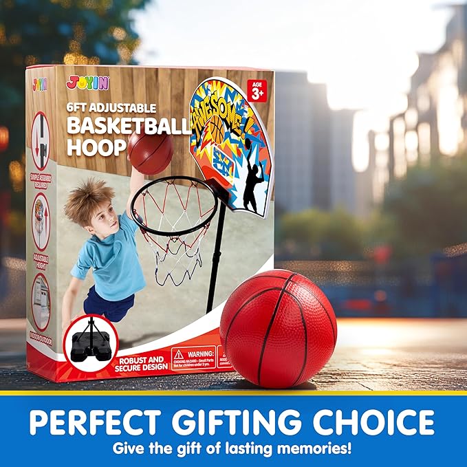 JOYIN Kids Basketball Hoop, Adjustable Height 2.8 ft-6.2 ft Toddler Basketball Hoop for Kids Indoor Outdoor Play Portable Basket Ball for Boys Girls Age 3 4 5 6 7 8 Gift-CubbioJoy
