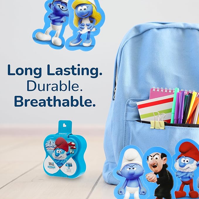 BioSwiss Bandages, The Smurfs in 3D Shaped Self Adhesive Bandage, Latex Free Sterile Wound Care, Fun First Aid Kit Supplies for Kids and Adults, 50 Count Plastic Case-CubbioJoy