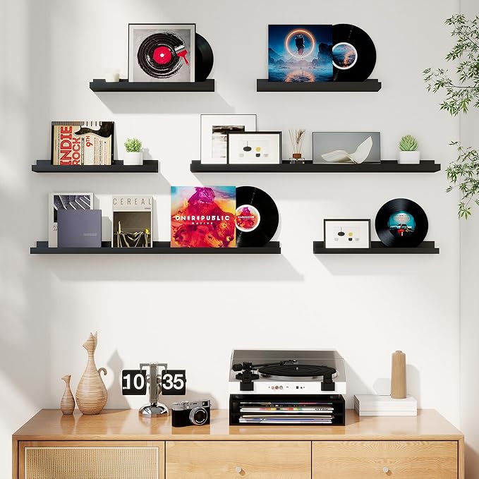 Axeman Picture Ledge Shelf, Floating Shelves for Wall Decor Storage Set of 6, 55 inch Floating Wall Mounted Shelves, Wall Shelves with Lip for Living Room, Bedroom, Nursery, Bathroom, Kitchen, Black-CubbioJoy