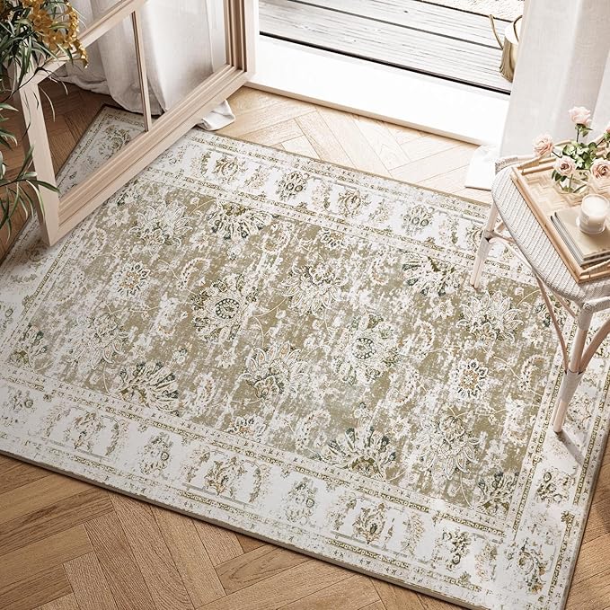 jinchan Floral 2x3 Rugs for Entryway - Vintage Washable Small Non-Slip Distressed Indoor Doormat Ultra-Thin Low-Pile Accent Rug for Entrance Kitchen Bedroom Bathroom (2x3ft,Taupe)-CubbioJoy