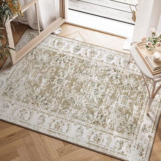 jinchan Floral 2x3 Rugs for Entryway - Vintage Washable Small Non-Slip Distressed Indoor Doormat Ultra-Thin Low-Pile Accent Rug for Entrance Kitchen Bedroom Bathroom (2x3ft,Taupe)-CubbioJoy