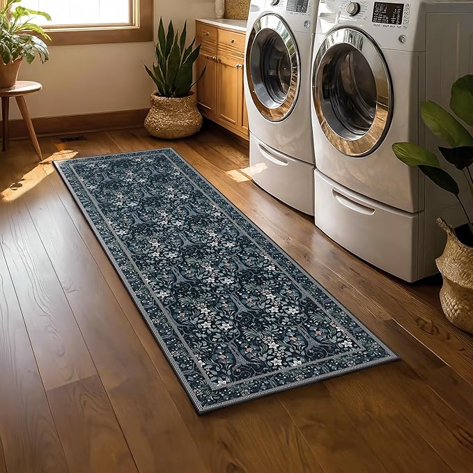 Joydeco Floral Washable Runner Rug for Kitchen, Forest Hallway Rug Runner 2x6 Non Slip, Boho Botanical Ultra-Thin Soft Indoor Floor Throw Carpet for Bathroom Entryway Foyer, Blue-Black-CubbioJoy