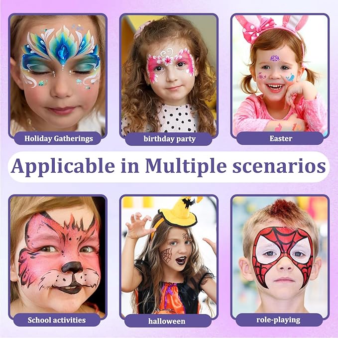 42 Colors Kids Face Painting Kit,Non Toxic Water Activated Face Paint Palette with 5 Reusable & 45 Sticky Stencils,11 Brushes,2 Gems.Ideal for Mardi Gras,Halloween,Christmas,makeup,Parties,Makeup etc.-CubbioJoy