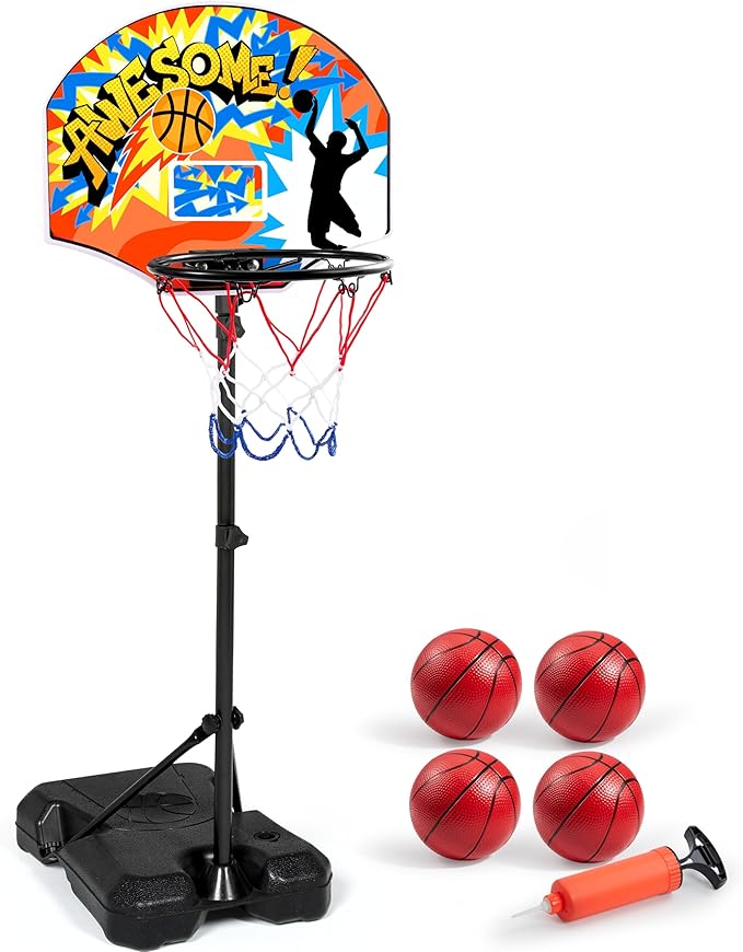 JOYIN Kids Basketball Hoop, Adjustable Height 2.8 ft-6.2 ft Toddler Basketball Hoop for Kids Indoor Outdoor Play Portable Basket Ball for Boys Girls Age 3 4 5 6 7 8 Gift-CubbioJoy