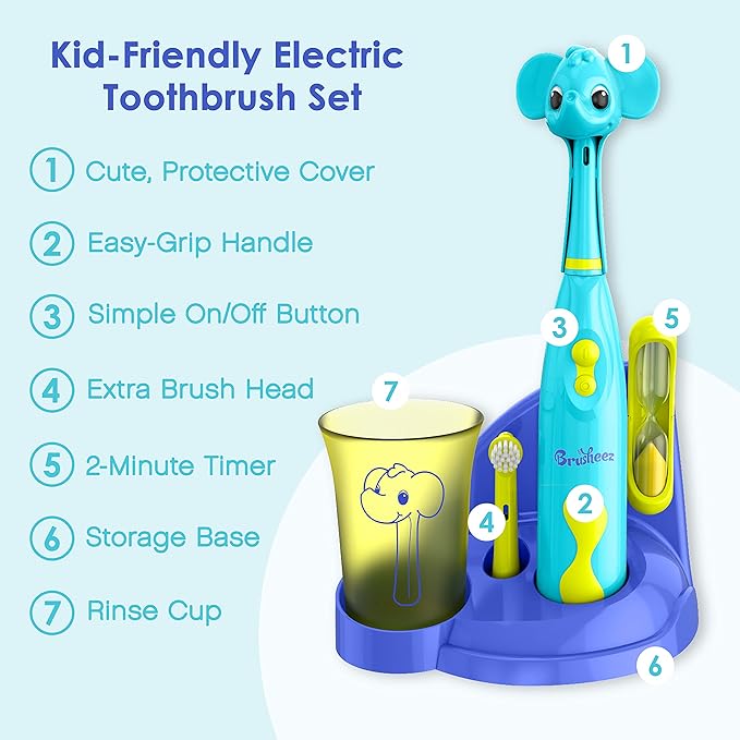 Brusheez Kids’ Electric Toothbrush Set - Safe & Effective for Ages 3+ - Parent Tested & Approved with Gentle Bristles, 2 Brush Heads, Rinse Cup, 2-Minute Timer, & Storage Base (Ollie The Elephant)-CubbioJoy