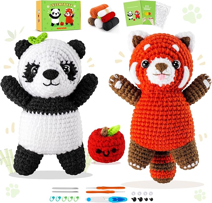 Crochet Kit for Beginners - 2PCS White and Red Panda Crochet Animal Kit with Step-by-Step Video Tutorials, Apple Crocheting Kit, Crochet Starter Kit for Kids and Adults, Beginners Knitting Kit-CubbioJoy