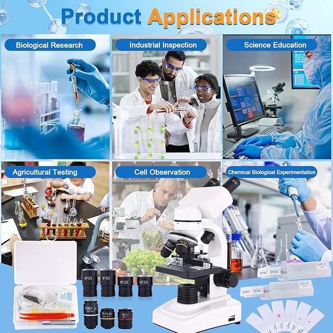 Binocular Microscope Magnification 40X-2500X, WF10x and WF25x Eyepieces, Dual LED Illumination, Suitable for Schools Home Labs Educational Adult Microscope-CubbioJoy