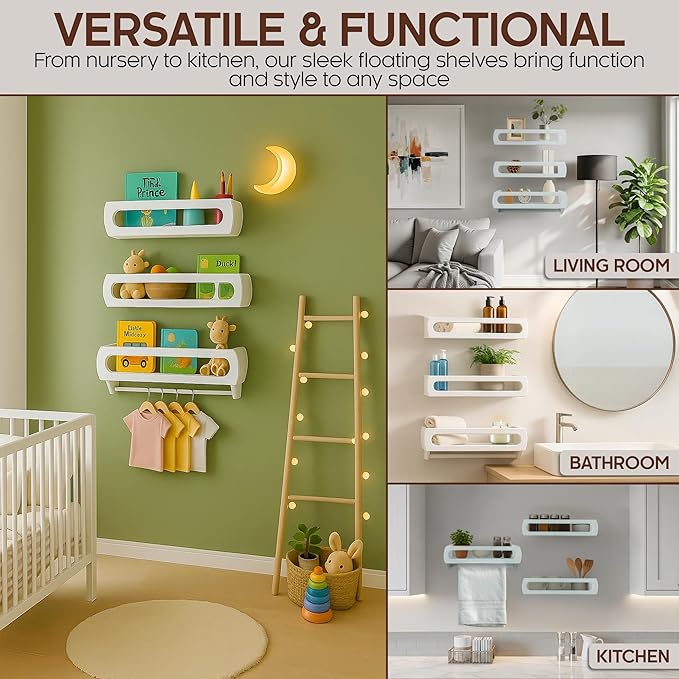 Bamboo Nursery Book Shelves, Fully Assembled For Easy Use - Set of 3 Floating Shelves for Wall Kids, Wall Mounted Book Shelves For Kids Room, Baby Room, Toddler Room, Nursery Decor, 16.5 Inch White-CubbioJoy