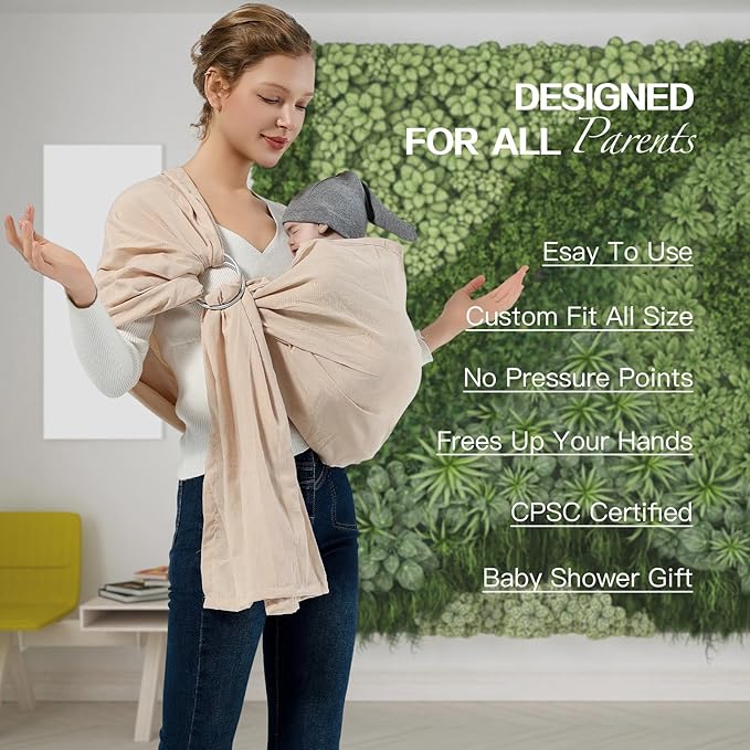 Baby Wrap Ring Sling 7-35 lbs, Baby Sling Carrier for Newborn, Toddler, Infant Holder, Lightweight Baby Carrier Wraps, Cream-CubbioJoy