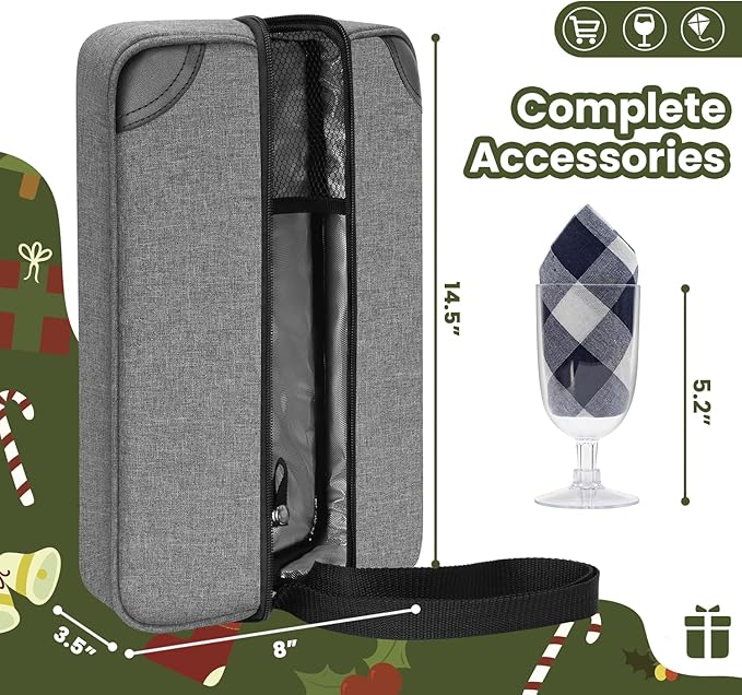 ALLCAMP Wine Bag - Insulated Cooler Bag with Wine Glasses, Bottle Opener & Wine Accessories for Wine Lovers - Portable Wine Gift Bag for Travel, Picnics, and Gift Ideas(Gray)-CubbioJoy