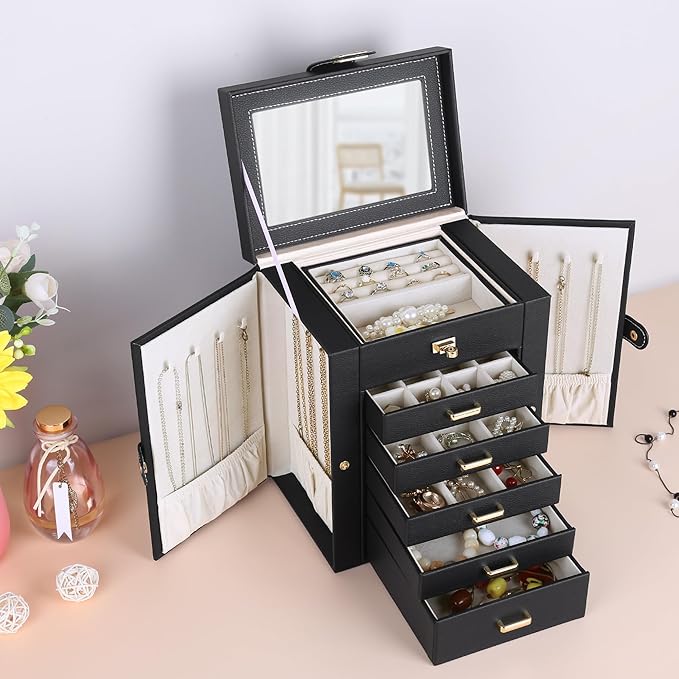 Kendal Jewelry Box, 6-Layer Jewelry Storage Organizer for Necklace Bracelet Rings Watch, 10.2"x8.2"x6" Classic Black PU Leather 5 Drawers Large Storage Capacity with Mirror-CubbioJoy