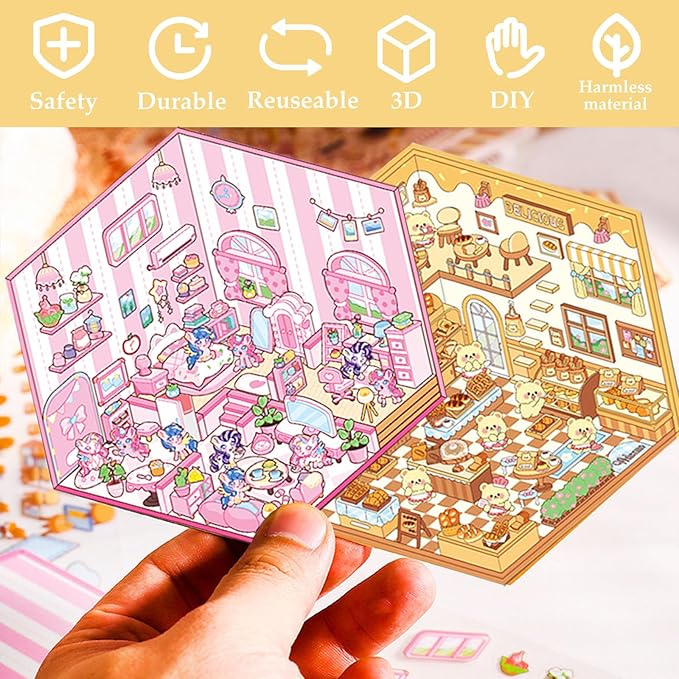 DIY 3D Sticker for Kids, 6 Sets of Cute Stickers for Girls Adult Isometric Sticker Scene Kids Reuseable and Waterproof Stickers-CubbioJoy
