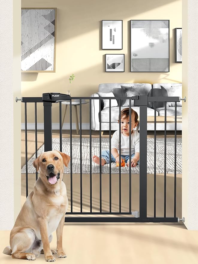36.2" Extra Tall Baby Gate for Stairs, 29.5-46" Wide Dog Gate for Doorways, Walk Thru Auto Close Metal Child Gate for The House, Stairs and Doorways, Pet Gate Pressure Mounted Dog Gate Indoor (Black)-CubbioJoy