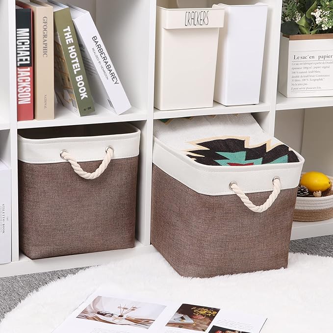 Bidtakay Large Storage Baskets with Handles for Organizing 16" x 11.8" x 11.8" Rustic Shelf Baskets [2-Pack] Foldable Clothes Baskets Fabric Collapsible Bins for Closet (White&Earthy Brown)-CubbioJoy