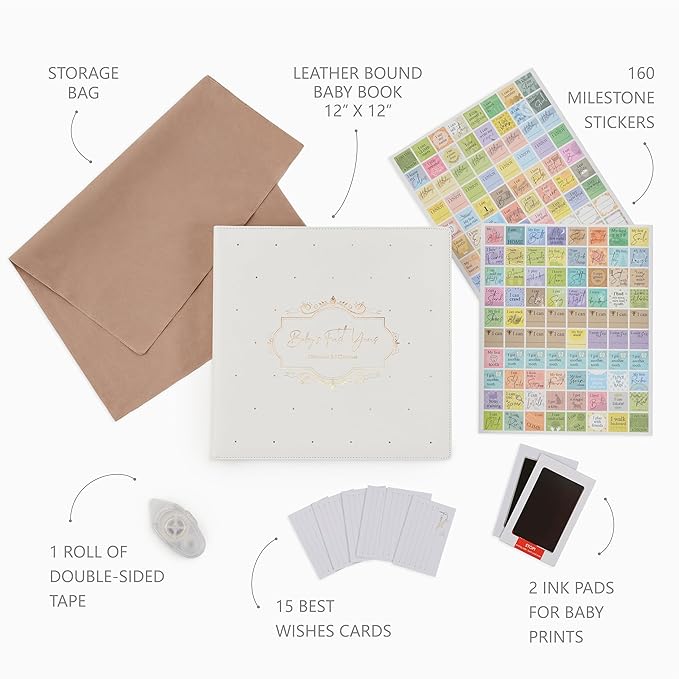 Keepsake Baby Memory Book Girl Boy – Timeless Leather-Bound Baby Milestone Book – Baby Book Keepsake Record First 5 Years – Gender Neutral Baby Scrapbook Album Baby Album Journal Registry Search Gift-CubbioJoy