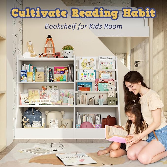 39" Large Kids Wooden Bookshelf and Toy Storage Organizer, Baby Bookcase with Sling Book Rack, Children Toddler Wooden Book Shelf for Kids Rooms, Playroom, Classroom, Nursery, School (White)-CubbioJoy
