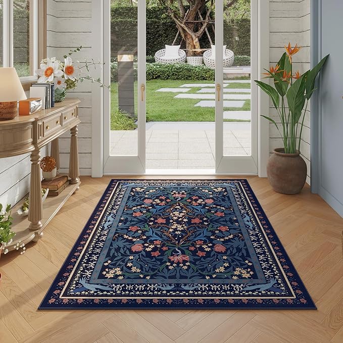 Area Rug 4x6 Rug Washable Vintage Floral Botanical Rugs Non Slip Low Pile Small Carpet for Bedroom, Bedside, Kids Room, Office, Dining Room, Blue-CubbioJoy