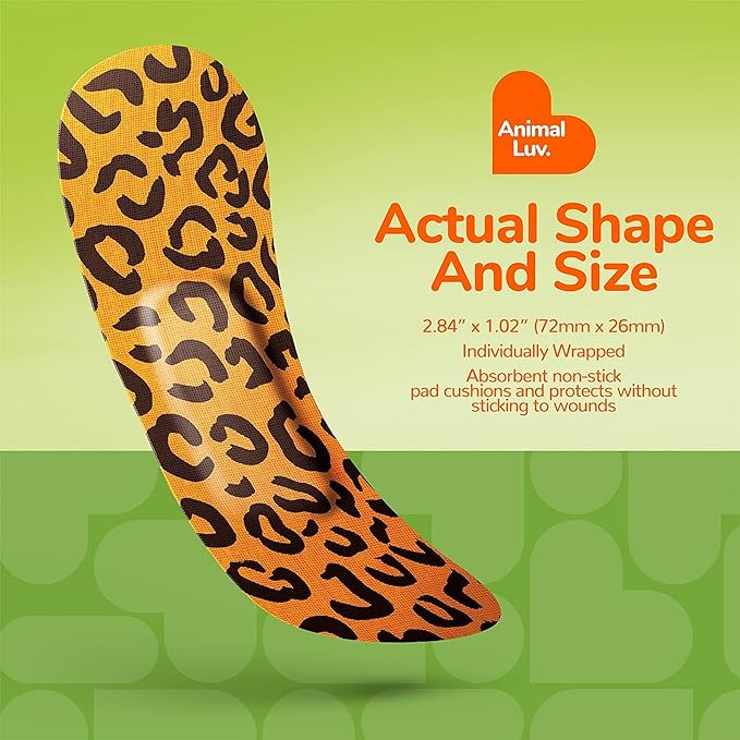 BioSwiss Bandages, Animal Prints Self Adhesive Bandage, Leopard, Zebra, Giraffe, and Tiger Print Designs, Latex Free Sterile Wound Care, Standard Shape for Kids and Adults, 24 Count-CubbioJoy