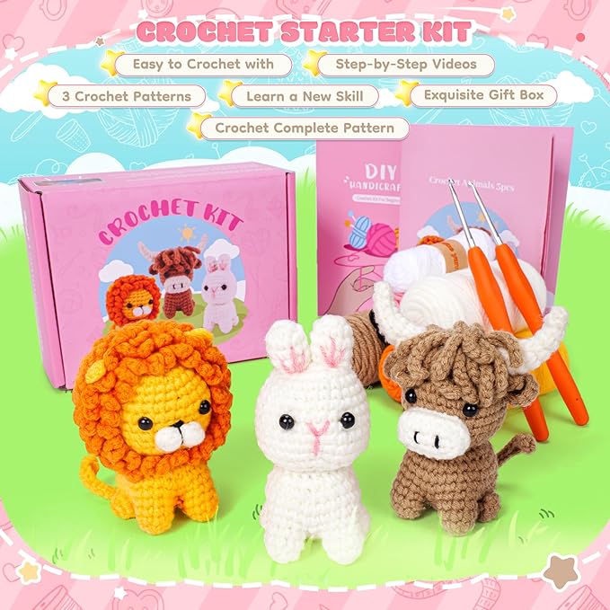 Crochet Kit for Beginners, Amigurumi Crochet Animal Kits, Crocheting Kit for Starters Adult Kids with Step-by-Step Video Tutorials, Animal Kits with Highland Cow, Lion, Bunny-CubbioJoy