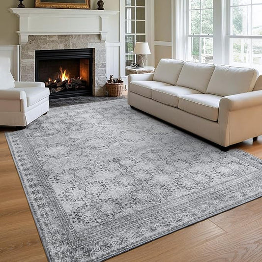 4x6 Area Rug for Bedroom Machine Washable, Non Slip Vintage Floral Kitchen Rugs for Dining Room,Rustic Indoor Floor Carpet for Kids Room, Playroom, Office Classroom Faded Grey-CubbioJoy