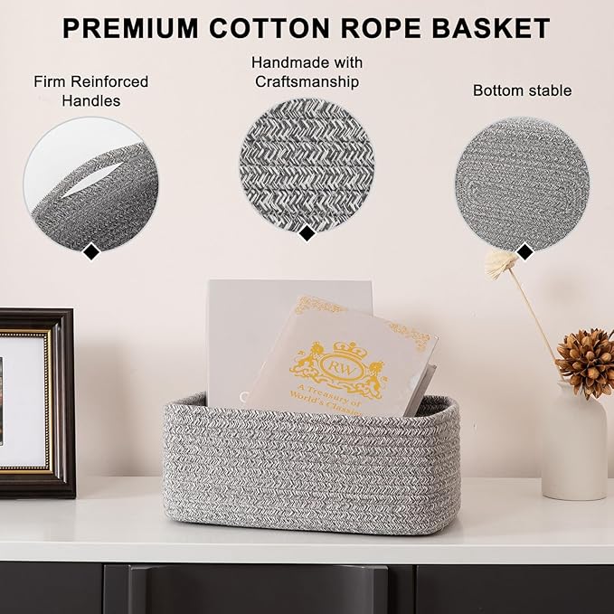 4 Pack Small Storage Shelf Baskets for Organizing, Mini Woven Rope Storage Bins for Towels, Cute Decorative Closet Organizer，Baby Nursery, Gift Empty Baskets -11.81''Lx7.87''Wx4.72''H-Grey-CubbioJoy