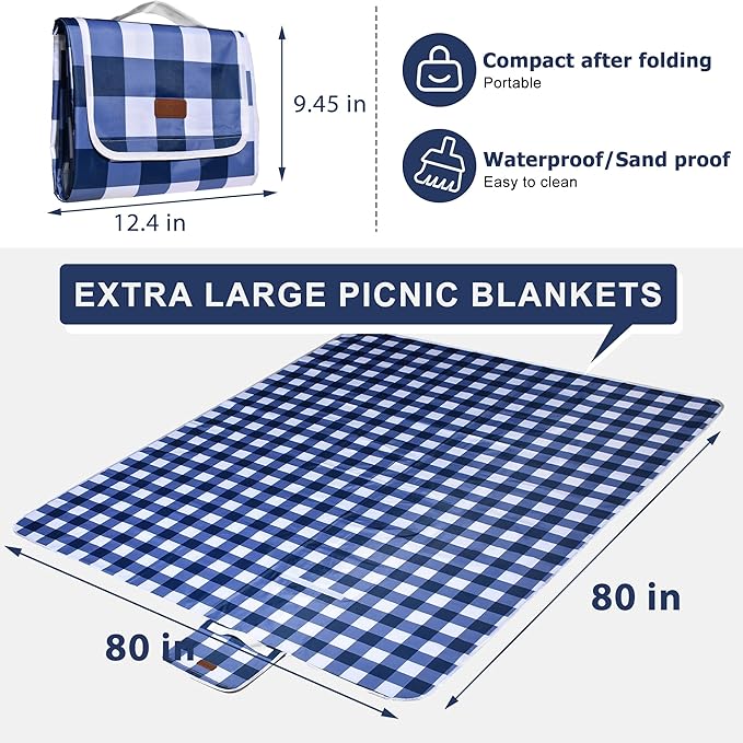 80"x80" Extra Large Waterproof Outdoor Mat - Sandproof Foldable Picnic Blanket for Family Camping, Backyard, Beach Parties - Heavy Duty & Easy Storage (Blue&White)-CubbioJoy