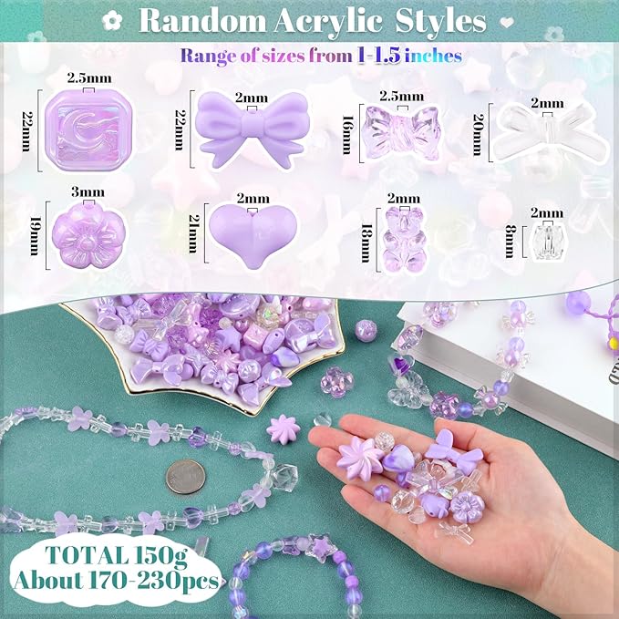 Assorted 170-230PCS Purple Acrylic Beads for Bracelet Making, Flower Bow Butterfly Candy GummyBear Aesthetic Bracelet Charms,Cute Beads for Jewelry Making DIY Necklace Keychain Phone Charm-CubbioJoy