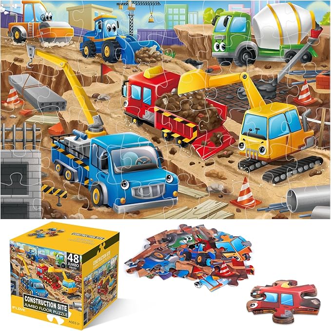 Jumbo Floor Puzzle for Kids,Construction Site Jigsaw Large Puzzles,48 Piece Construction Vehicle Puzzle for Toddler Ages 3-5,Children Learning Preschool Educational Toys,Gift for 4-8 Years Old-CubbioJoy