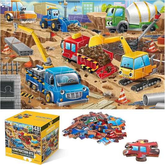 Jumbo Floor Puzzle for Kids,Construction Site Jigsaw Large Puzzles,48 Piece Construction Vehicle Puzzle for Toddler Ages 3-5,Children Learning Preschool Educational Toys,Gift for 4-8 Years Old-CubbioJoy