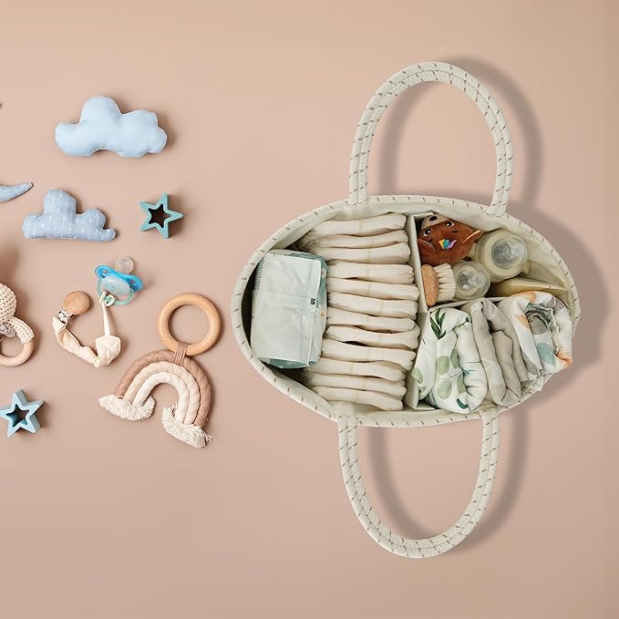 Diaper Caddy Organizer Cotton Rope Baby Basket Nursery Storage and Portable Tote Bag for Car Ideal Baby Shower Gifts and Registry Must-Have for Newborn Essentials Large striped-CubbioJoy