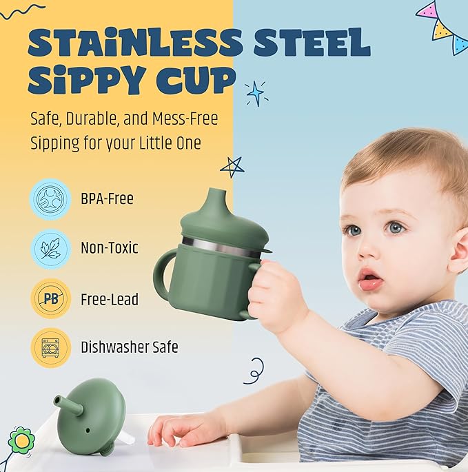 Jumble Dream Stainless Steel Sippyy Cup, Silicon Training Stainless Steel Kids Cups with Straw, Toddler Tumbler with Spill Proof Straw |6 Month Toddler Sippy Cup| BPA Free (Blue Moon) 2025-CubbioJoy