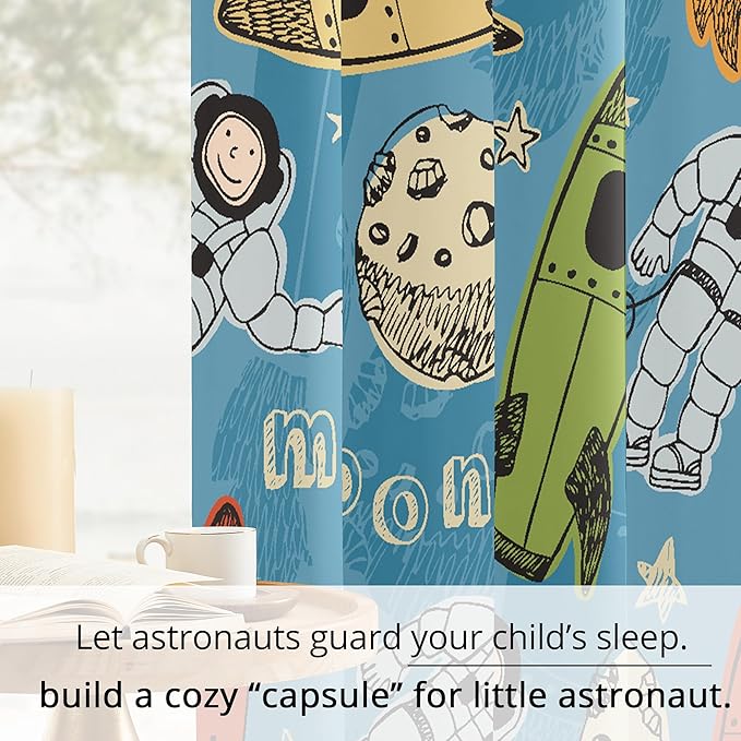 Kids Astronaut and Rocket Blackout Curtains - 100% Blackout, Thermal Insulated, Noise Reducing, Bring The Cosmos Closer to Your Kid’s Room, 2 Panels (Moonbound Adventure, W52×L63)-CubbioJoy