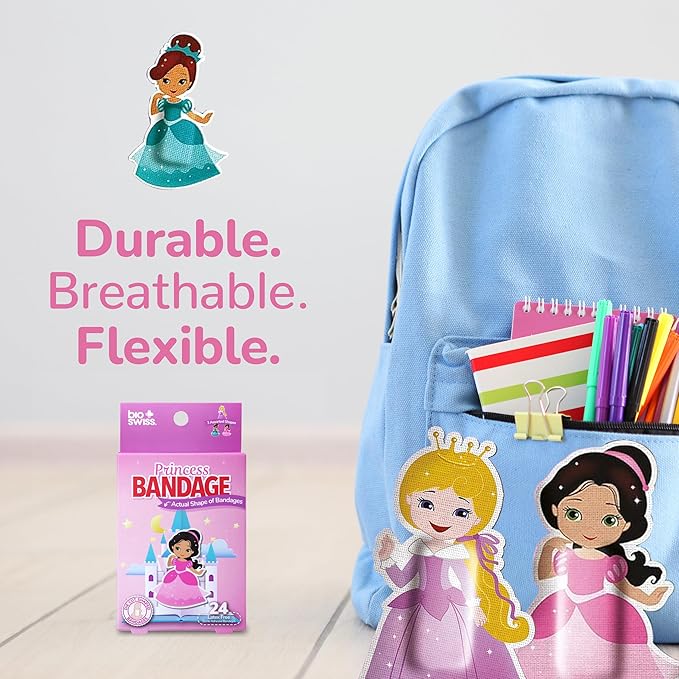 BioSwiss Bandages, Princess Shaped Self Adhesive Bandage, Latex Free Sterile Wound Care, Fun First Aid Kit Supplies for Kids, 24 Count-CubbioJoy