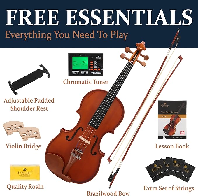 Cecilio 1/2 Size Natural Varnish Violin for Beginners, Hand-Carved Solid Spruce Top, Maple Back & Sides, Full Fiddle Kit with Hard Case, Bows, Rosin, Shoulder Rest, Lesson Book-CubbioJoy