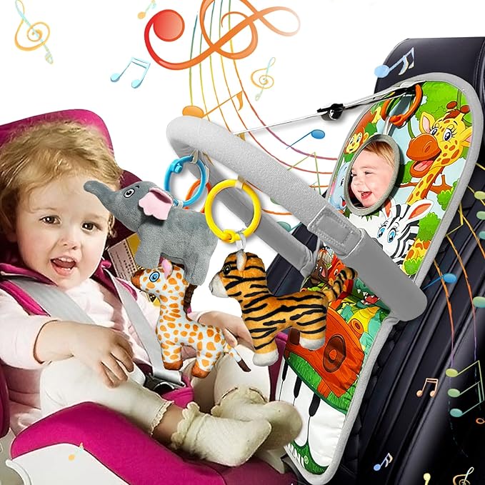 Car Seat Toys for 6-12 Months - Musical Pedal Piano with Baby Mirror, Squeaky Sensory Soft Animal Toys for Rear Facing Carseats-CubbioJoy